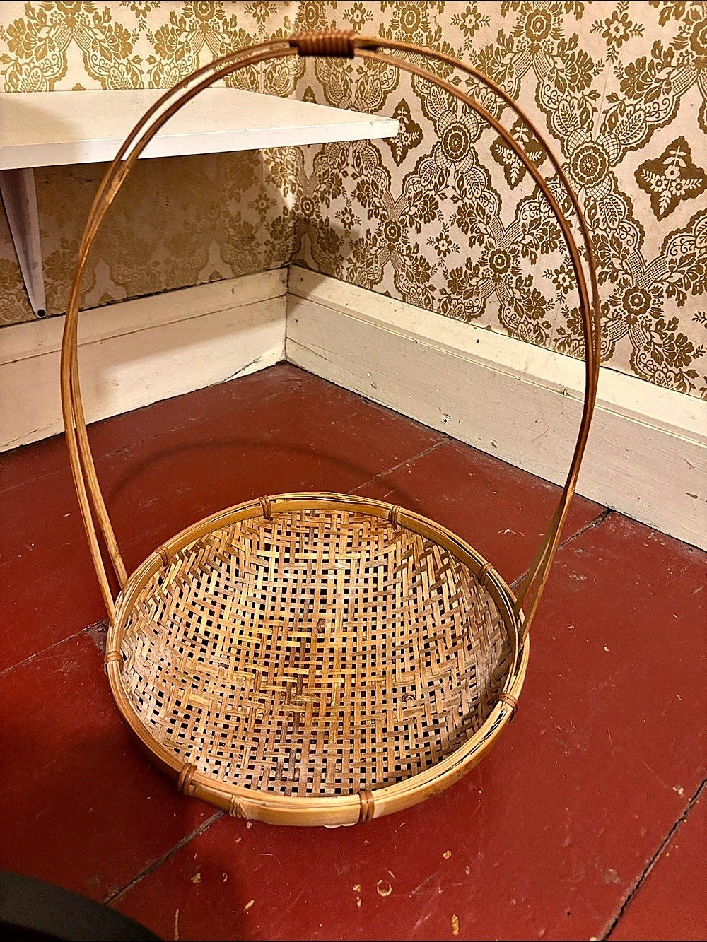 Vintage Handmade Bamboo Basket Tall Handle Woven Boho Cottage Decor